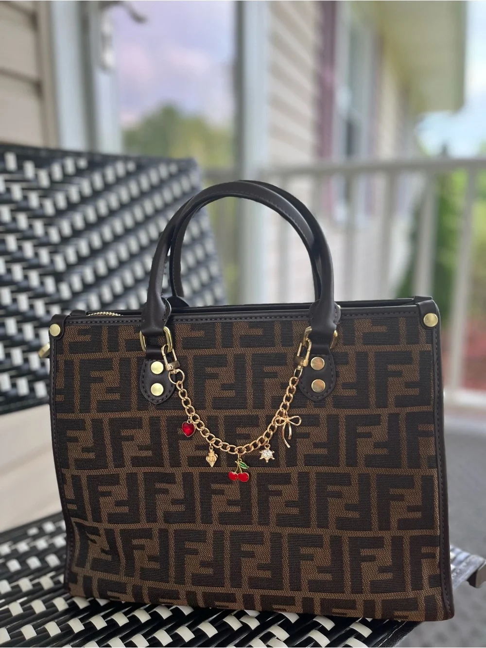 Designer-Inspired Brown Logo Tote Bag with Charm Chain